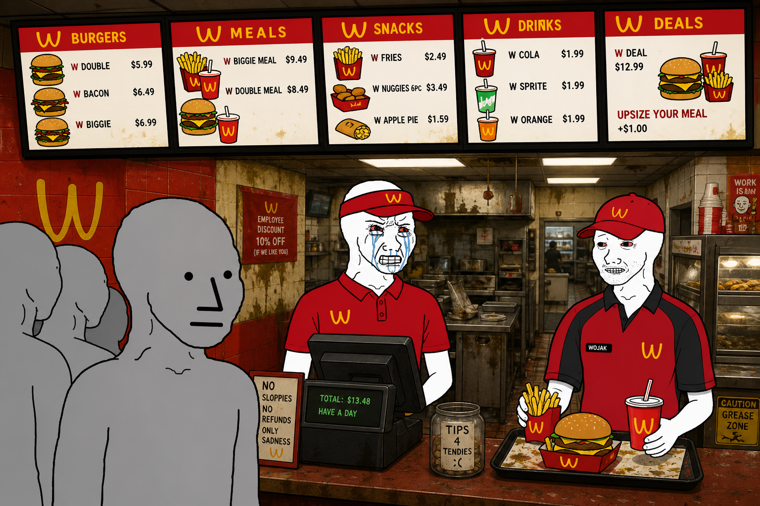 WcWage cash register: menu boards above, NPC customers in line, Wojak and coworker behind the counter